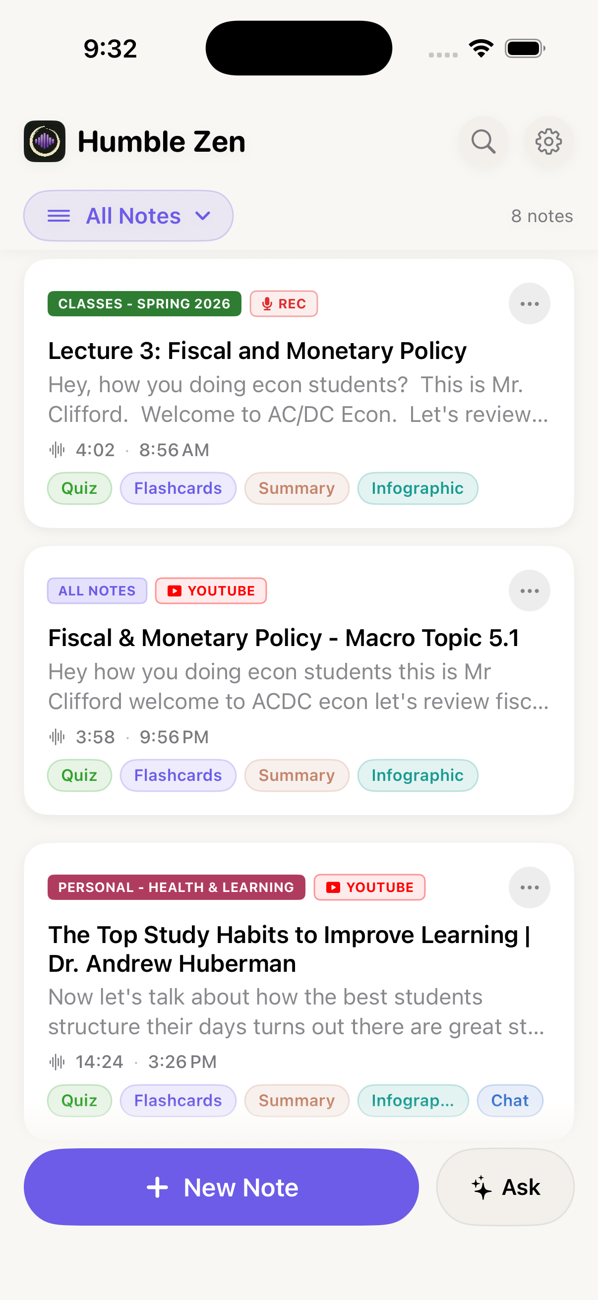 Humble Zen — notes list view showing lectures, YouTube imports, and AI tools