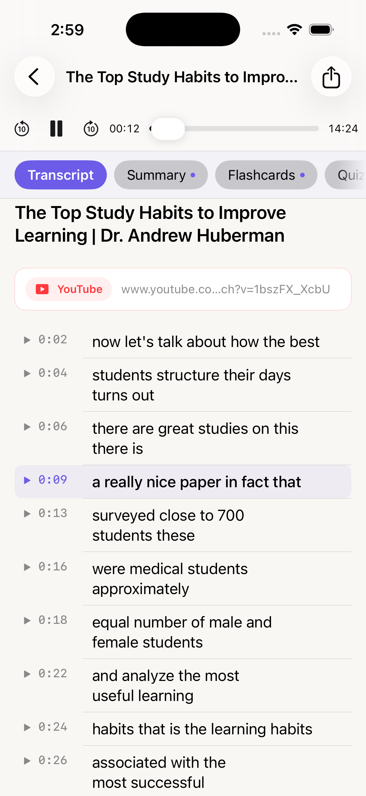 YouTube transcript view showing timestamped text from an imported video