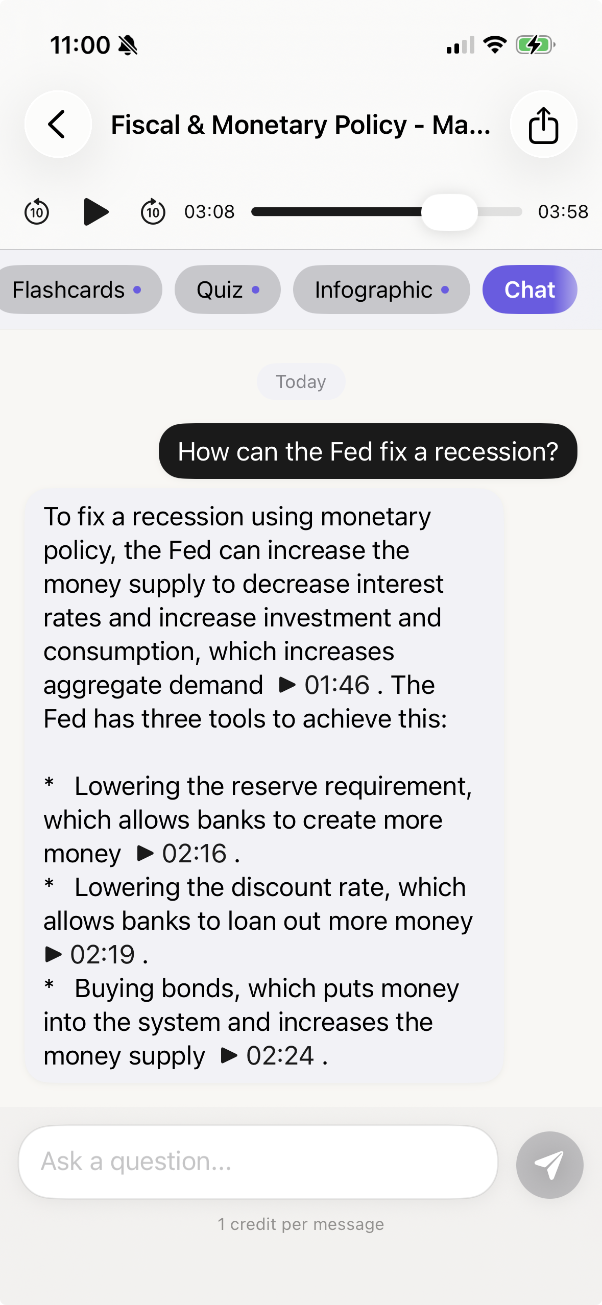 Chat interface showing a question about monetary policy with a detailed answer
